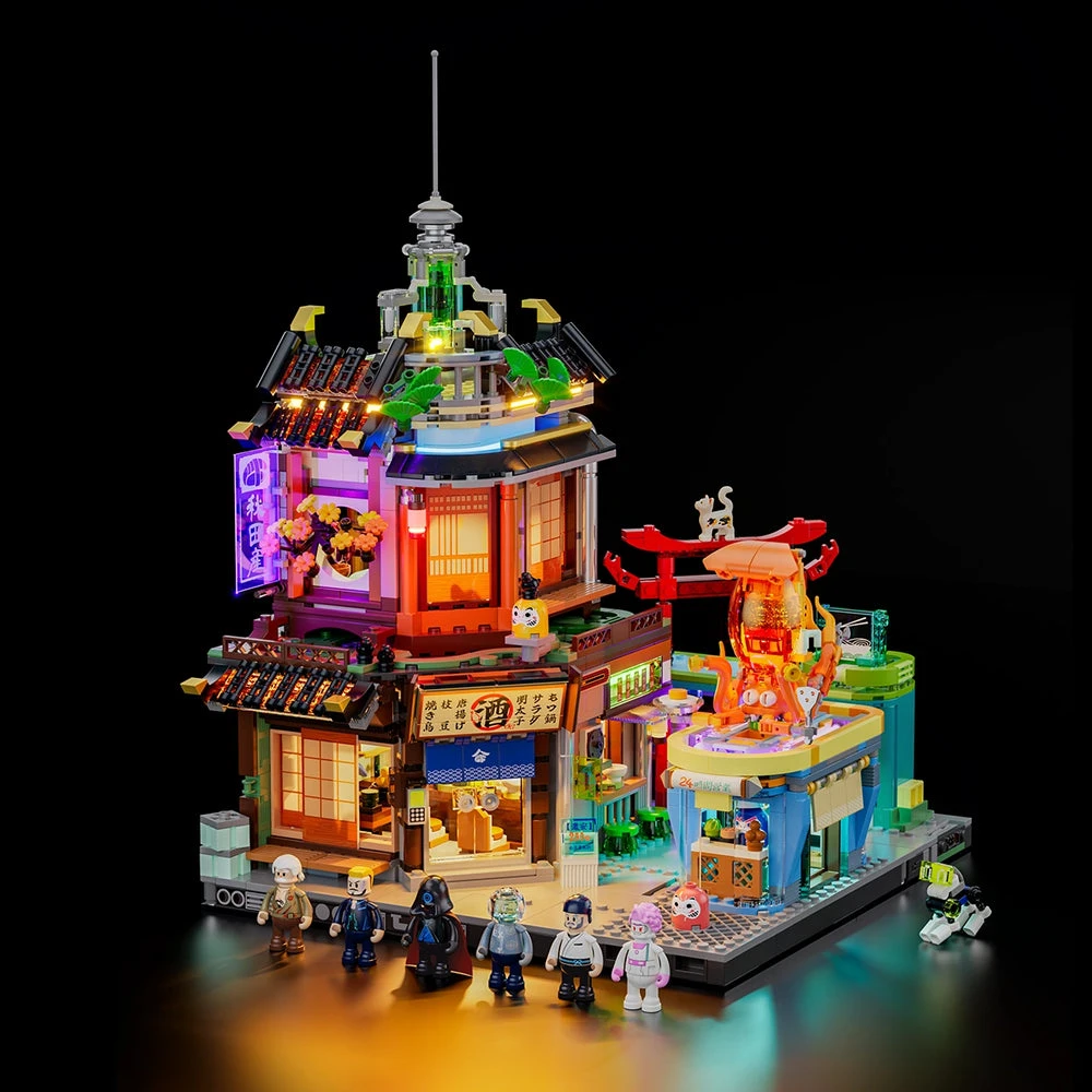 Lumibricks Izakaya cyberpunk streetscape with illuminated signs and shop interiors