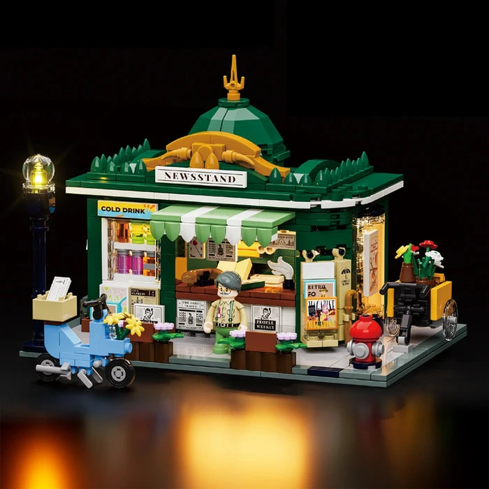 Official product photograph of the Newsstand illuminated building-block model